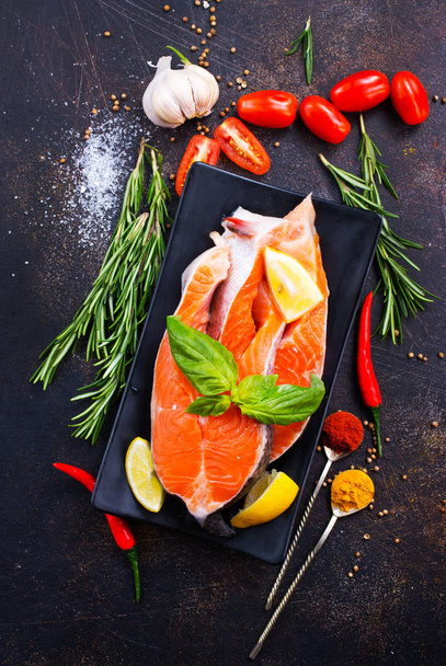 raw salmon fish with salt and herbs - Φωτογραφία, εικόνα