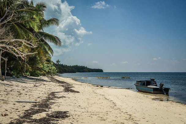Beautiful beach with trees and fishing boat. Summer vacation travel holiday background concept. - Photo, image