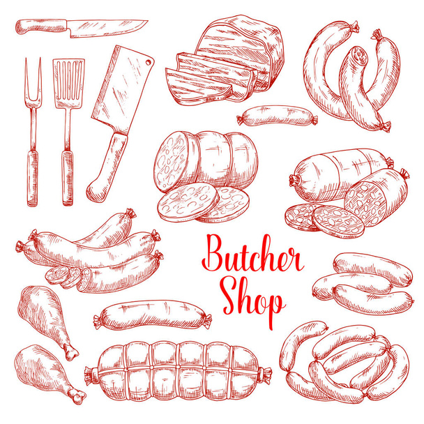 Vector schets iconen van slagerij vleesproducten - Vector, afbeelding