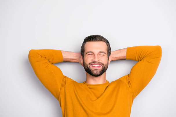 Close up portrait of handsome bearded cheerful joyful excited amazed guy with closed eyes toothy beaming smile waiting for the weekend isolated on gray background - Photo, Image