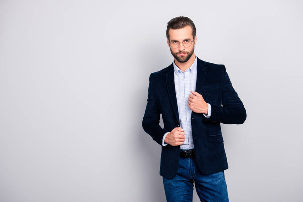 Portrait of sexy attractive flirty graceful stunning classy groomed harsh confident millionaire chic man dressed in classic jacket checkered shirt jeans posing isolated on gray background copy-space - Foto, Bild