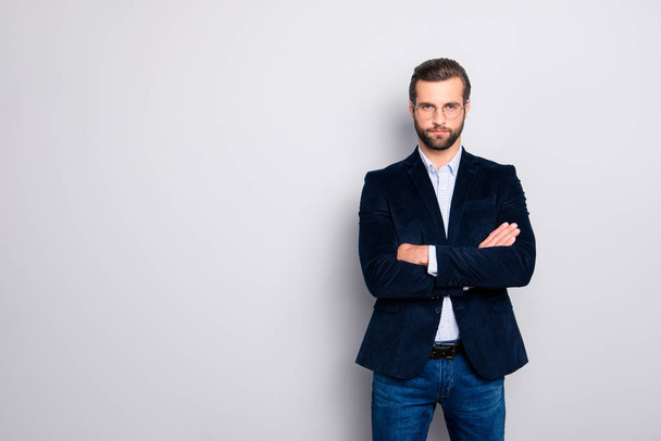 Portrait of confident focused concentrated smart clever intelligent handsome brutal guy dressed in formal outfit jeans checkered shirt standing isolated on gray background copy-space - 写真・画像