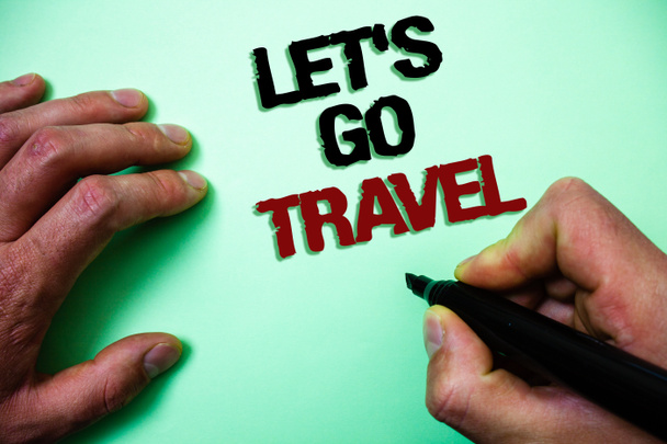 Word writing text Let'S Go Travel. Business concept for Going away Travelling Asking someone to go outside Trip Green background grey shadow important thoughts temple message idea - Photo, Image