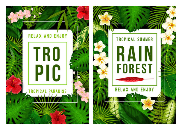 Открытка для летнего отдыха с тропической рамкой из пальмовых листьев
 - Вектор,изображение