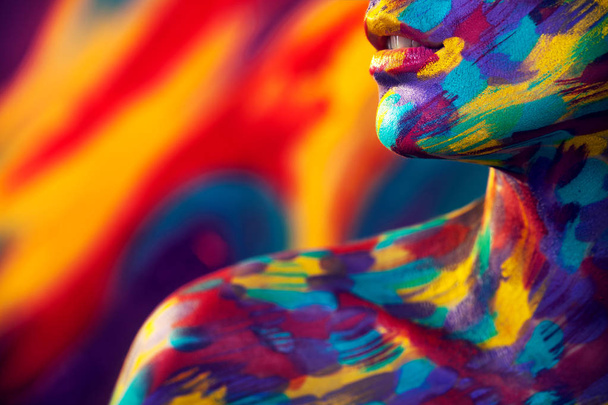 Portret jasne piękna dziewczyna z pędzla, kolorowy makijaż twarzy sztuka i ultrafioletowe - Zdjęcie, obraz