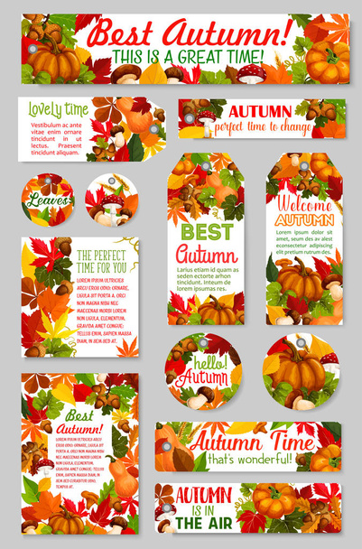 Etiquetas de otoño hoja de bellota, saludo vector de calabaza
 - Vector, imagen