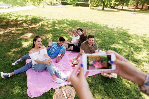 friends photographing by smartphone at picnic - Foto, Imagen