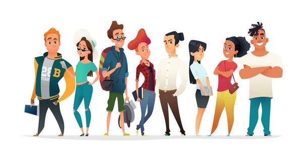 Group of charismatic smiling young people standing together. Students, schoolchildren, young professionals collection. Cartoon Characters design for your projects. - Vector, Image