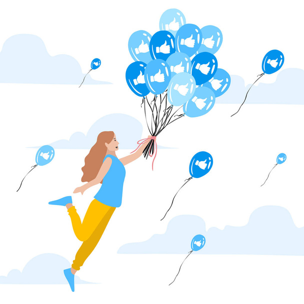 Uçan balonlar emoticons facebook için karikatür düz stil kız - Vektör, Görsel