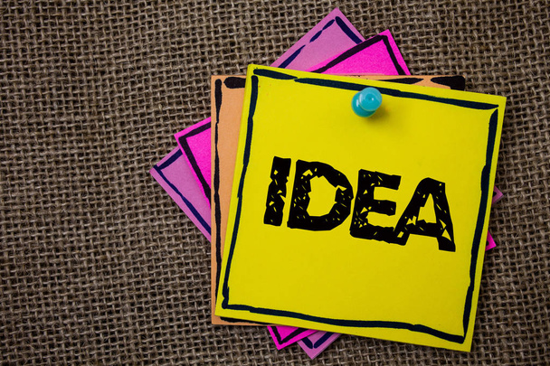 Sana kirjoittaa tekstiä Idea. Liiketoimintakonsepti Creative Innovative Thinking Imagination Design Planning Solutions Papers Ideat viestit tärkeää muistaa tietoa juutti tausta
 - Valokuva, kuva