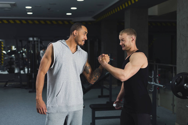 Muscular men shaking hands at gym - 写真・画像