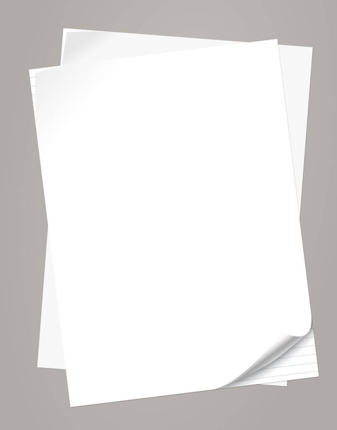 Ensemble de papier pour ordinateur portable blanc empilé avec coins bouclés pour texte ou message publicitaire sur fond gris
 - Vecteur, image