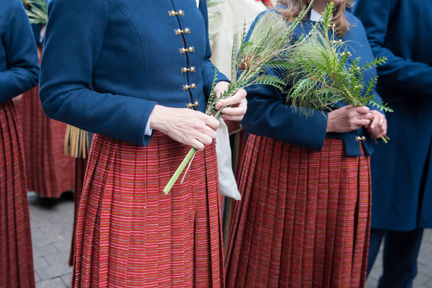 Εθνική Λετονίας στοιχεία και κοστούμια, άτομα με μπουκέτα λουλουδιών πεδίο σχετικά με το άνοιγμα της εθνικής Λετονίας τραγούδι και φεστιβάλ χορού στη Ρίγα - Φωτογραφία, εικόνα