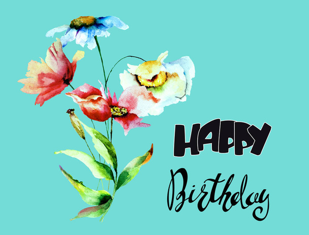 Colorful flowers with title Happy Birthday, watercolor illustration, Holiday card templat - Fotografie, Obrázek