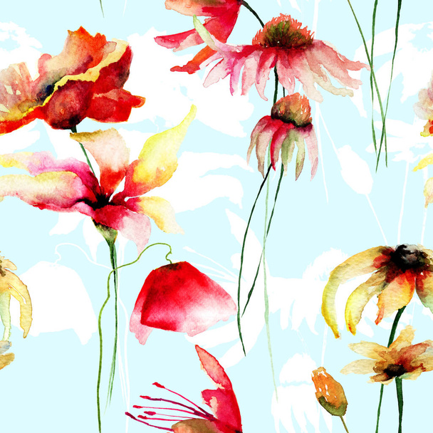 Floral seamless pattern, watercolor illustration, Tile for wallpaper or fabri - Fotoğraf, Görsel