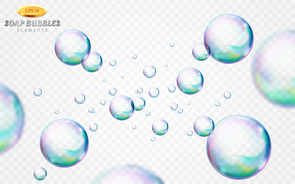 Set de burbujas de jabón vectorial aislado sobre fondo blanco transparente. Efecto especial para el diseño. Esferas de agua con aire, globos jabonosos, espuma, suds, jabón suds. Bolas de espuma brillante. ilustración 3d
 - Vector, Imagen