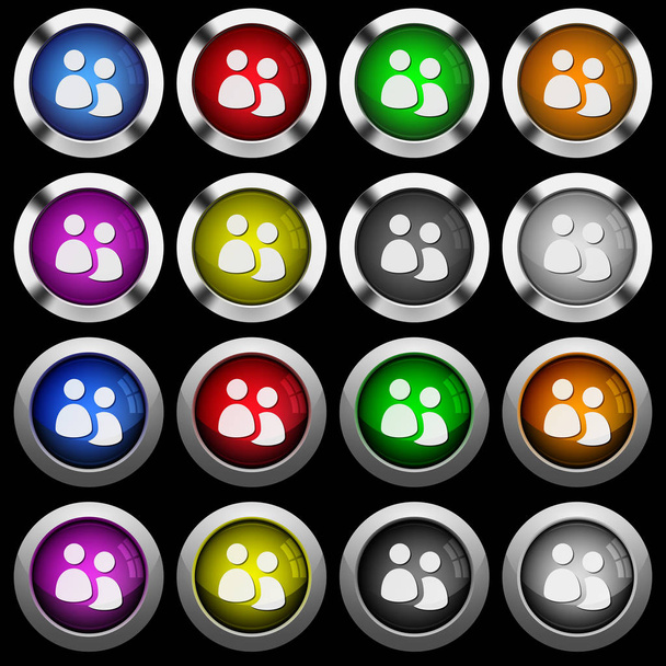 Белые иконки группы пользователей в круглых глянцевых кнопках со стальными рамами на черном фоне
 - Вектор,изображение
