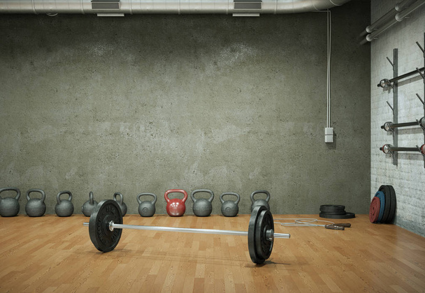 Barbell con placas negras en un piso de gimnasio
 - Foto, Imagen