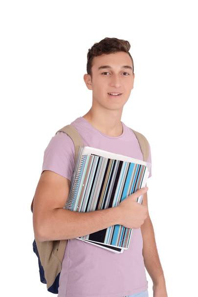 Portret szczęśliwy uśmiechający się student z notebooka i torba. Na białym tle na białym tle - Zdjęcie, obraz