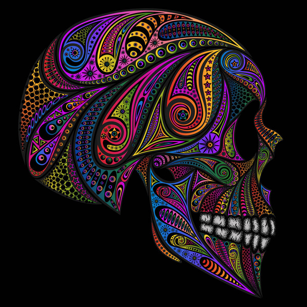 Colored human skull from various patterns on a black background - Vektor, kép