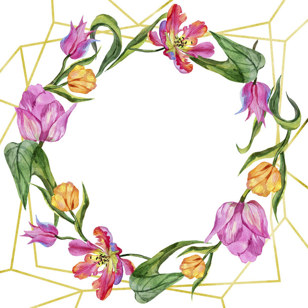 Kleurrijke zomer tulp. Floral botanische bloem. Frame grens ornament vierkant. Aquarelle wildflower voor achtergrond, textuur, wrapper patroon, frame of rand. - Foto, afbeelding