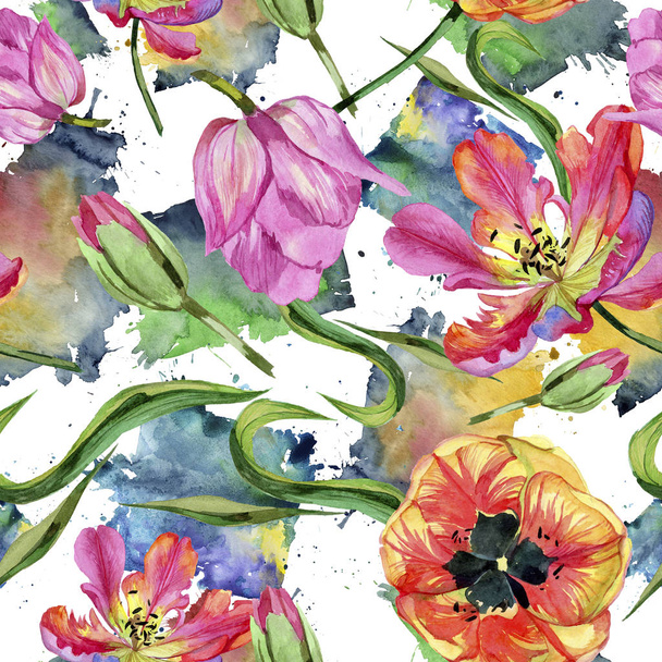 Colorful summer tulip. Floral botanical flower.Seamless background pattern. Fabric wallpaper print texture. Aquarelle wildflower for background, texture, wrapper pattern, frame or border. - Photo, Image