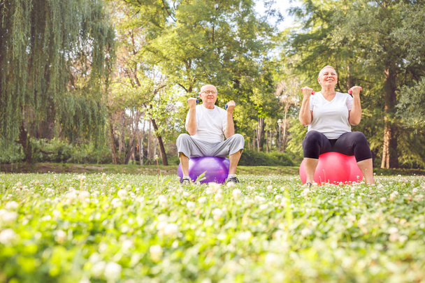 Smiling mature man and woman doing fitness exercises on fitness ball in park - Photo, Image