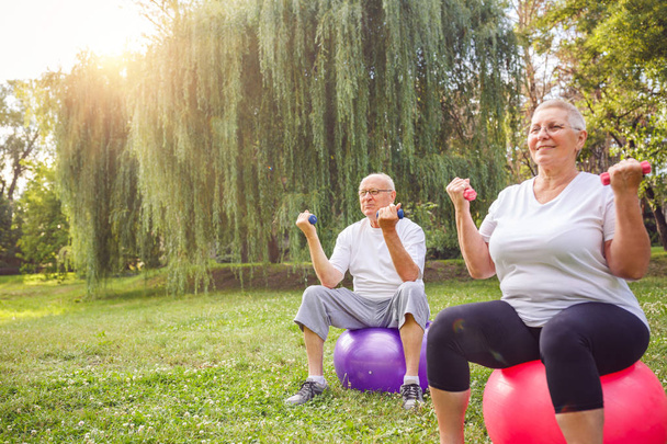 Ευτυχισμένο ζευγάρι άσκηση μαζί στο γυμναστήριο μπάλα στο πάρκο - Φωτογραφία, εικόνα