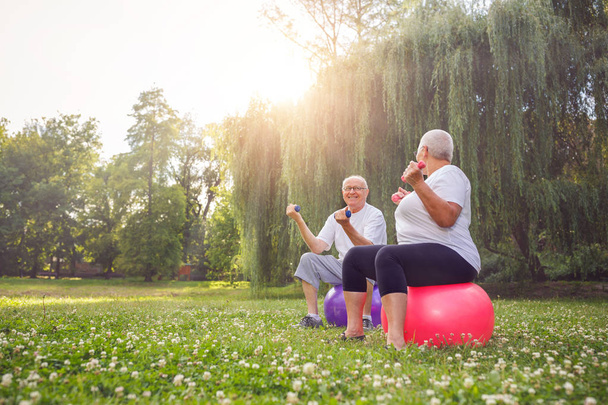 Sorridente uomo maturo e donna che fanno insieme esercizi di fitness sulla palla fitness nel parco
 - Foto, immagini