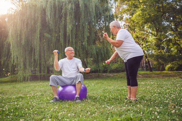 Тренування літніх людей Усміхнений чоловік і жінка роблять разом фітнес-вправи на фітнес-кулі в парку
 - Фото, зображення