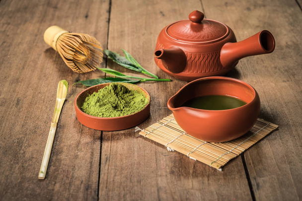 Still life with Japanese matcha accessories and green tea in bowl. - Valokuva, kuva