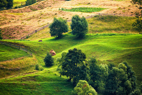 Зелений літній пейзажний вид. Зелені пагорби в гірській долині. Літній гірський пейзаж
. - Фото, зображення
