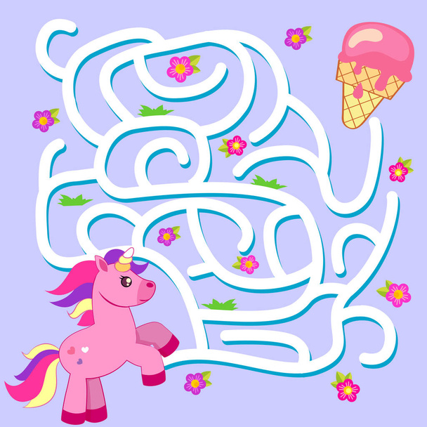 Help unicorn find path to ice cream. Labyrinth. Maze game for kids - ベクター画像
