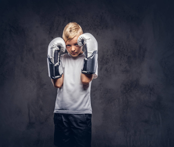 Little boxer with blonde hair dressed in a white t-shirt wearing boxing gloves, workout in a studio. Isolated on a dark textured background. - Photo, Image