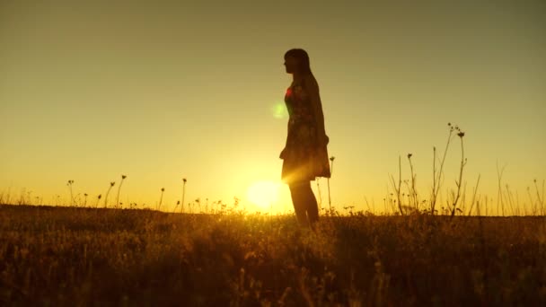 Menina bonita pulando ao pôr-do-sol do sol dourado. Movimento lento
. - Filmagem, Vídeo