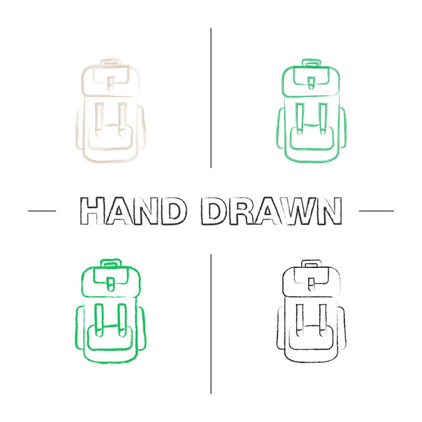 Camping backpack hand drawn icons set. Rucksack, knapsack. Color brush stroke. Isolated vector sketchy illustrations - Vetor, Imagem