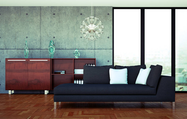 moderno luminoso soggiorno di design interno con divano nero e parete in cemento
 - Foto, immagini