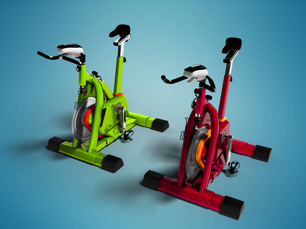 Modern green and red exercise bikes perspective 3d render on blue background with shadow - Photo, Image