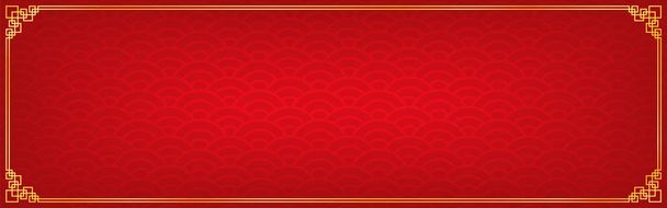 chinese new year background with golden border, abstract oriental banner with decoration frame, red circle wave inspiration, vector illustration  - Vector, Image