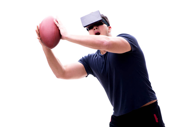 Man playing with virtual reality glasses on white background - Photo, image