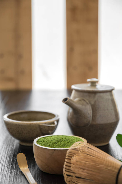 Matcha. Organic Green Matcha Tea ceremony. Matcha powder. Cooking with matcha, recipe - Foto, imagen
