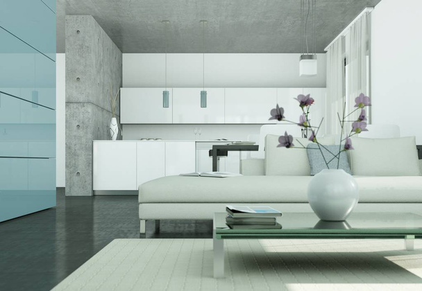 Moderno luminoso design interno piatto con divani
 - Foto, immagini