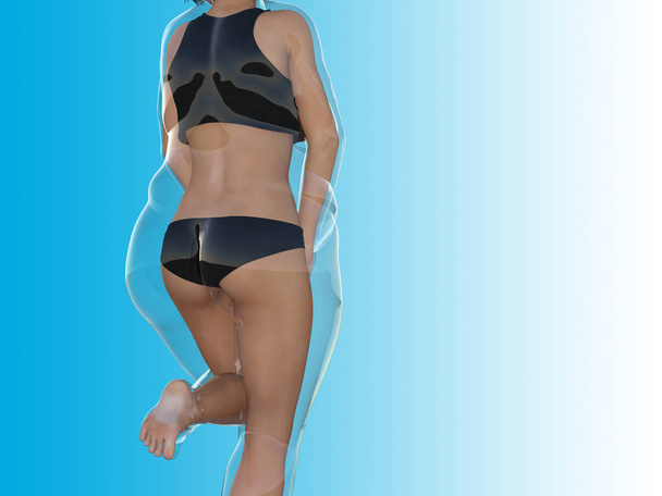 konzeptionelle Fett übergewichtig fettleibige Frau vs schlank fit gesunden Körper nach Gewichtsverlust oder Diät mit Muskeln dünne junge Frau auf blau. Fitness, Ernährung oder Fettleibigkeit, Gesundheitsform 3D-Abbildung - Foto, Bild