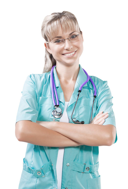 bella donna medico con occhiali incrociati braccia isolato portr
 - Foto, immagini