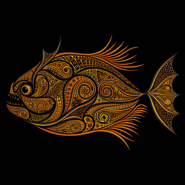 Piraña. Patrones vectoriales de peces dorados sobre fondo negro
 - Vector, imagen