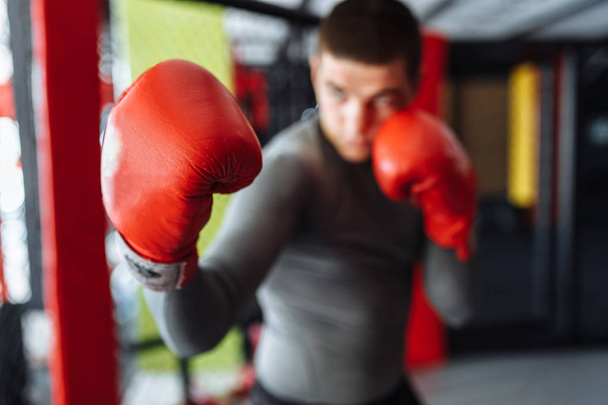 Męski bokser zaangażowane w szkolenia w sali gimnastycznej, w klatce do walki bez reguł, trener boksu - Zdjęcie, obraz
