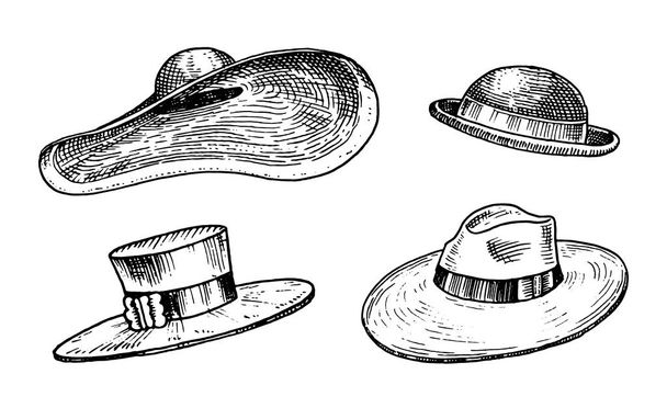 Zarif kadın, erkek ve bayanlar için yaz vintage şapka koleksiyonu. Retro moda seti. Breton Panama, geniş-ağzına kadar kambur Cloche, Poke kaporta. Elle çizilmiş vintage kroki kazınmış - Vektör, Görsel