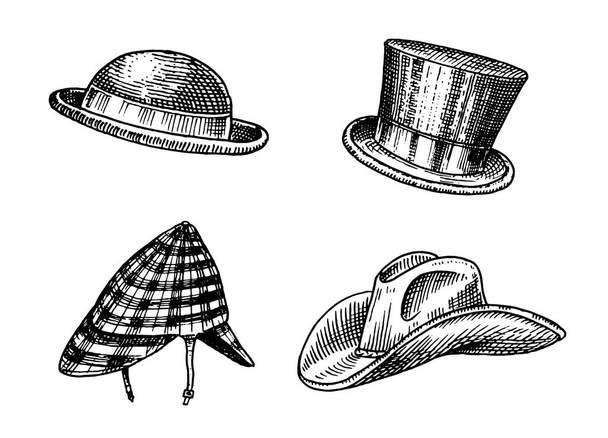 Summer vintage Hats collection for elegant men. Fedora Derby Deerstalker Homburg Bowler Straw Beret Captain Cowboy Porkpie Boater Peaked cap. Retro fashion set. English style. Hand drawn sketch. - Vector, Image