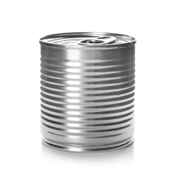 Mockup of tin can with food on white background - Фото, изображение