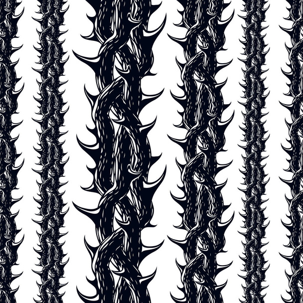 Disgusting horror art and nightmare seamless pattern, vector background. Blackthorn branches with thorns stylish endless illustration. Hard Rock and Heavy Metal subculture music textile fashion stylish design. - Vector, Imagen